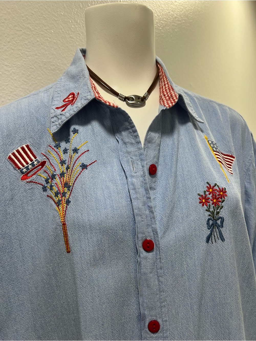 Vintage S.M.B. Patriotic Embroidered Chambray Shirt USA Flag - Size 2X